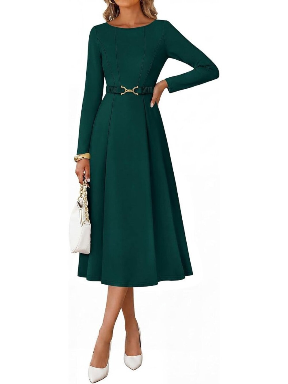 Women's Green Fall Long Sleeve Boat Neck Semi Formal Midi Dresses With Pockets